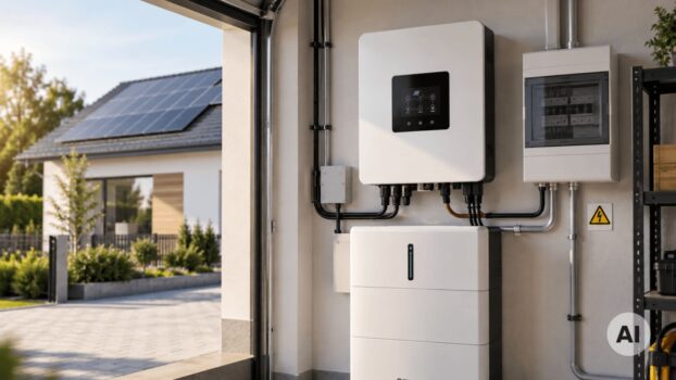 alt: Instalacja fotowoltaiki - falownik i magazyn energii.